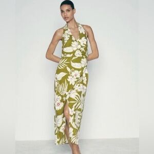 Zara Olive Green Floral Tie Halter Dress size Large